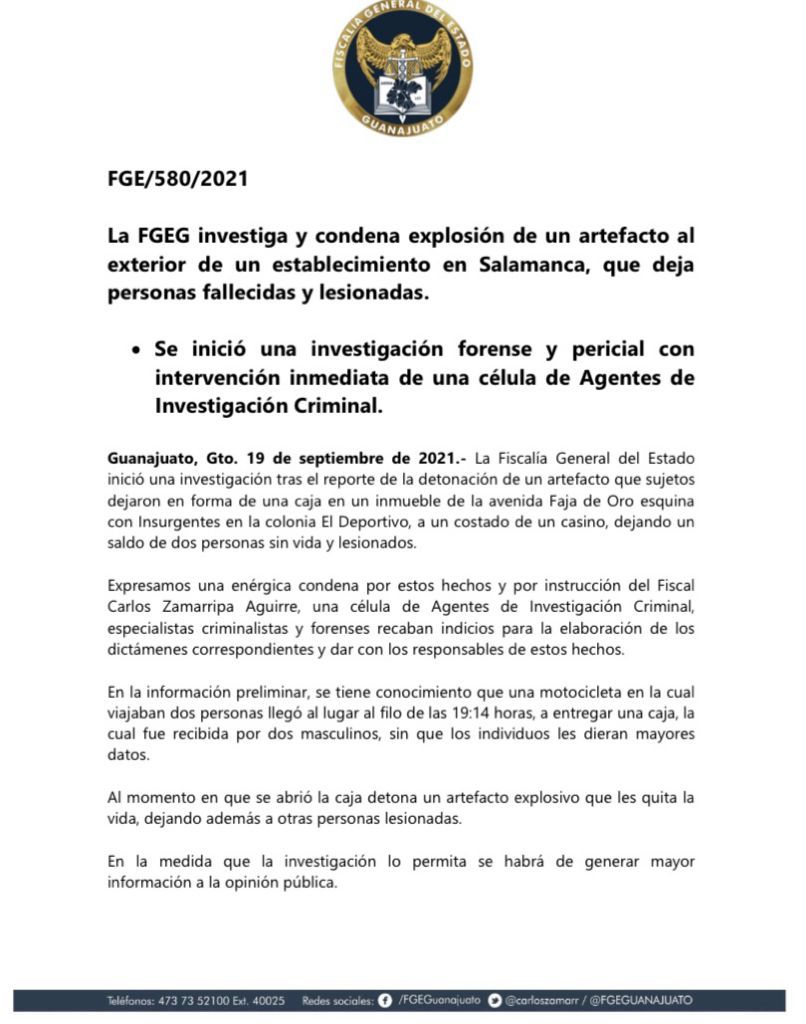 Comunicado FGR Narco Atentado