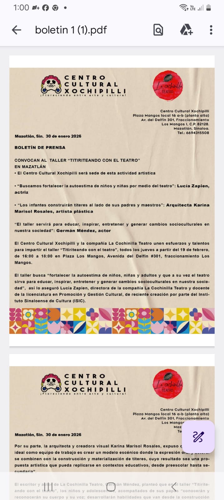 CONVOCAN AL TALLER “TITIRITEANDO CON EL TEATRO”EN MAZATLÁN