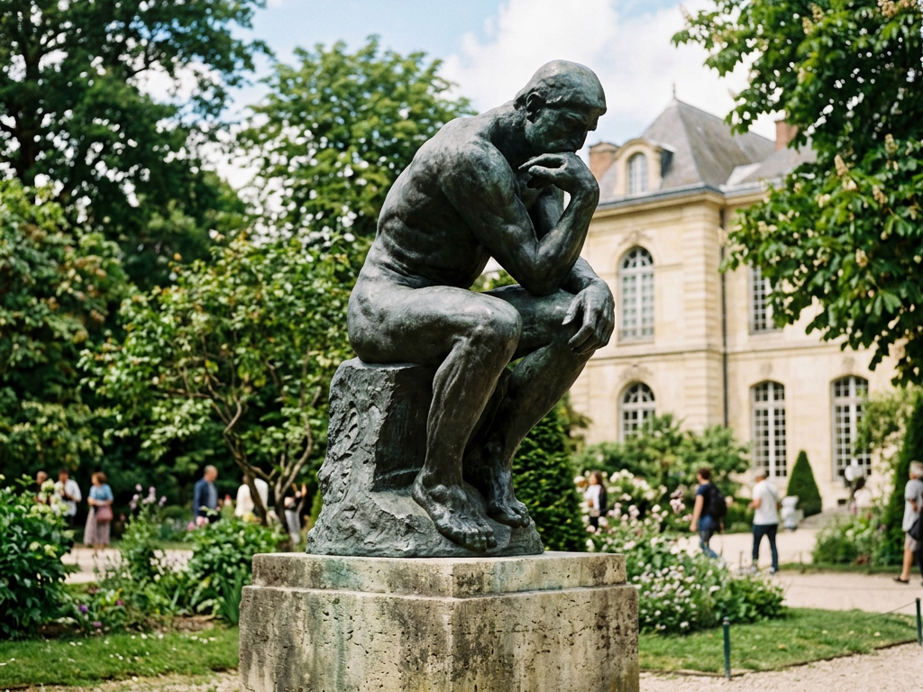 Bronze statue The Thinker seated on a stone pedestal in a garden setting