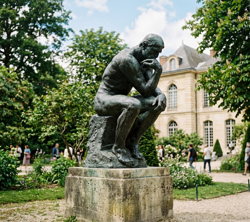 Bronze statue The Thinker seated on a stone pedestal in a garden setting