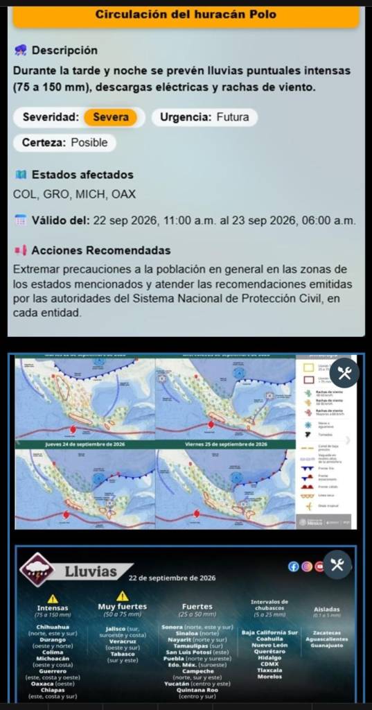 Lluvias muy fuertes con puntuales (75 a 150 mm): en zonas de Chihuahua, Durango, Michoacán, Guerrero, Oaxaca  y Chiapas. Vientos de 40 a 50 km/ h de 60 a 80 km/: costas de  Michoacán y Guerrero