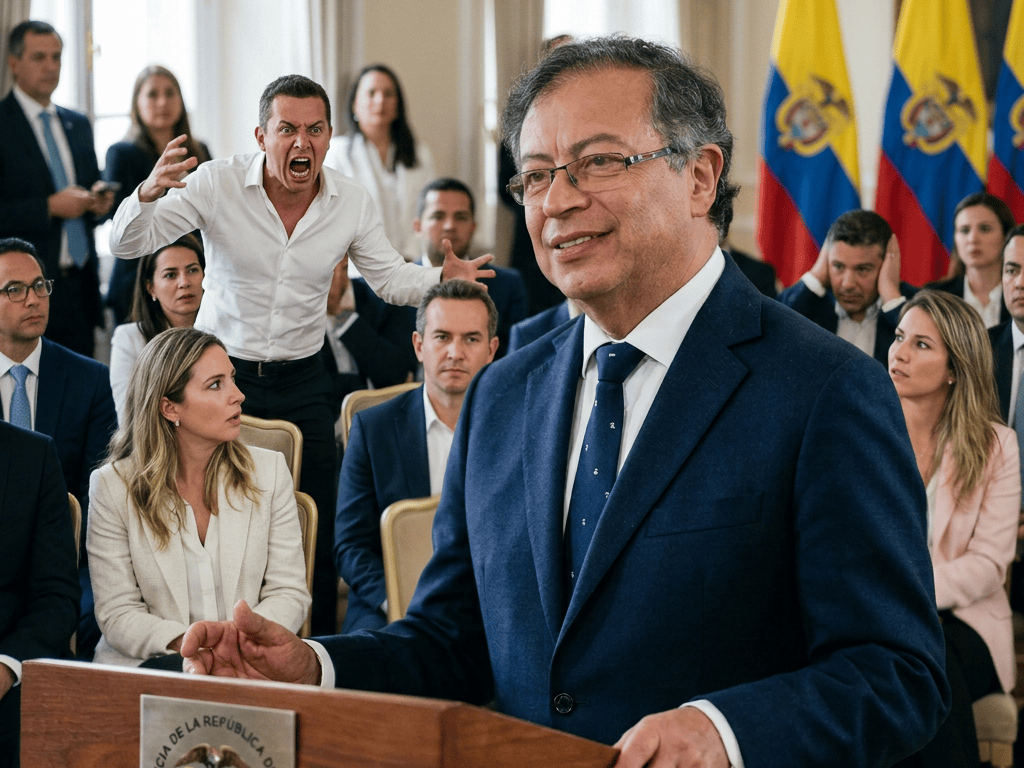 Colombian president speaking at a podium marked Presidency of the Republic of Colombia