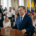 Colombian president speaking at a podium marked Presidency of the Republic of Colombia