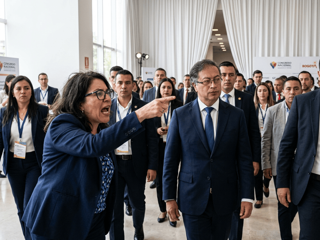 Woman pointing while speaking to suited man at a Bogotá congress event